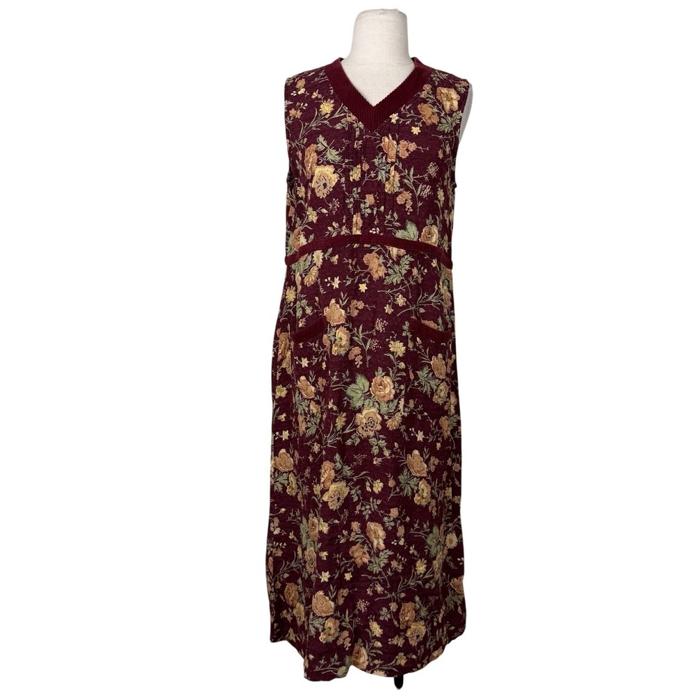 Vintage April Cornell Tapestry Midi Dress Sz S Burgundy Prairie Cottagecore Boho
